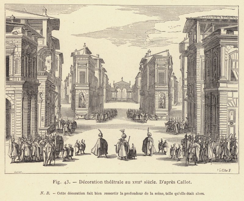 Teatterikoristelu 1600-luvulla (kaiverrus) tekijältä French School