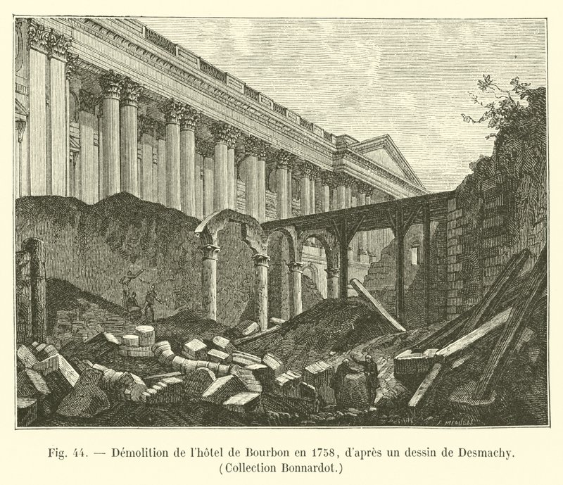Hôtel de Bourbonin purku vuonna 1758 Desmachyn piirustuksen jälkeen, Collection Bonnardot tekijältä French School