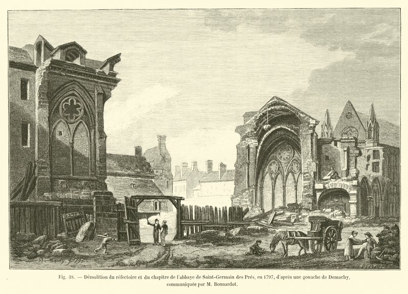 Saint-Germain des Presin luostarin ruokasalin ja kapitulin purkaminen vuonna 1797 Demachyn guassin jälkeen, M Bonnardot