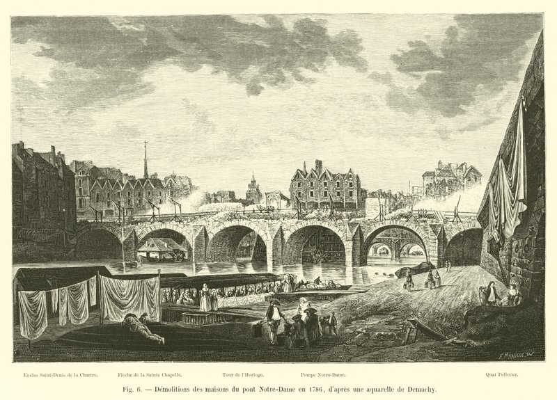 Notre-Damen sillan talojen purku vuonna 1786 Demachyn akvarellin jälkeen tekijältä French School