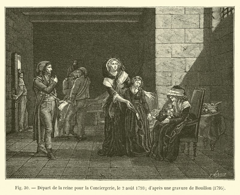 Kuningattaren lähtö Conciergerielle, 2. elokuuta 1793; Bouillonin kaiverrus, 1795 tekijältä French School