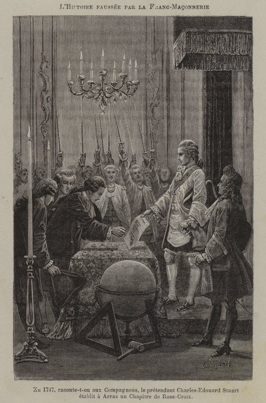 Vapaamuurarien aiheuttama historian vääristely: teeskentelijä Charles Edward Stuartin oletettu perustaminen ruusuristiläisten osastolle Arrasissa vuonna 1747 (kaiverrus) tekijältä French School