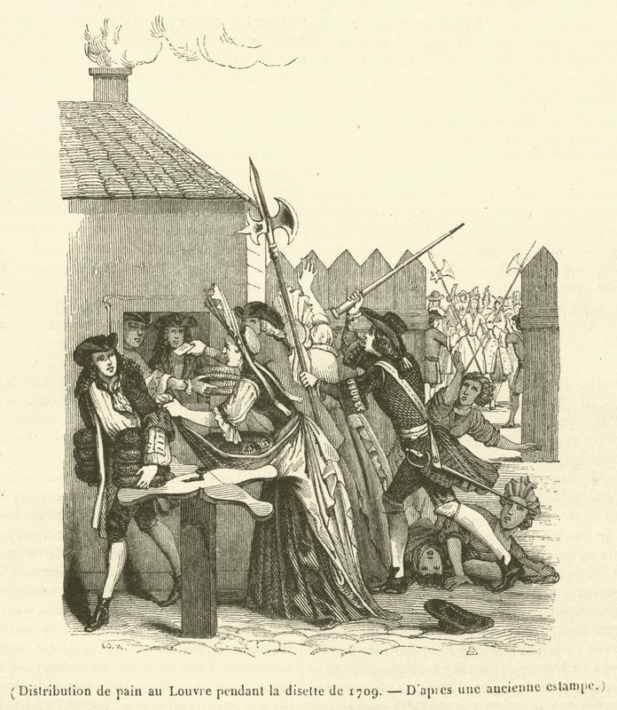 Leivän jakelu Louvressa vuoden 1709 elintarvikepulan aikana (kaiverrus). tekijältä French School