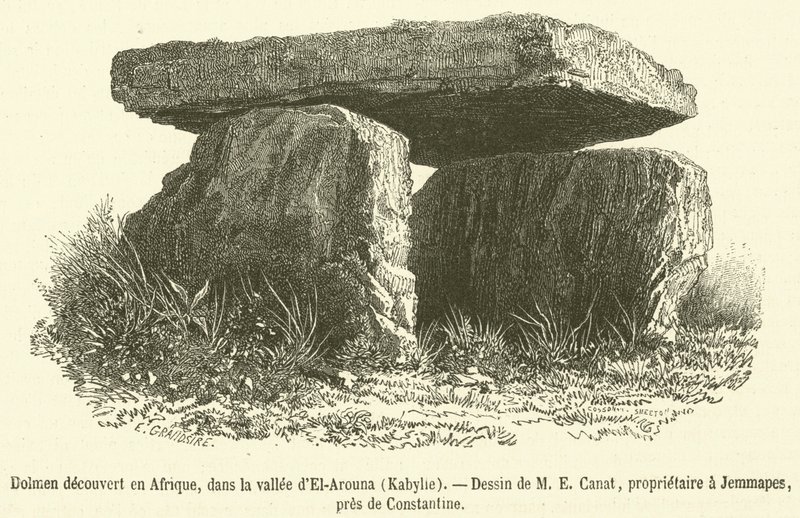Dolmen löydetty Afrikasta, El-Arounan laaksosta, Kabyliasta (kaiverrus) tekijältä French School