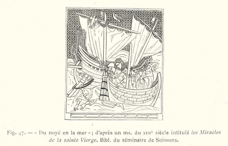 Hukkumisesta mereen; 1200-luvun ms:n jälkeen, jonka otsikko on Siunatun Neitsyt ihmeet, Soissons-seminaarin Raamattu (kaiverrus) tekijältä French School
