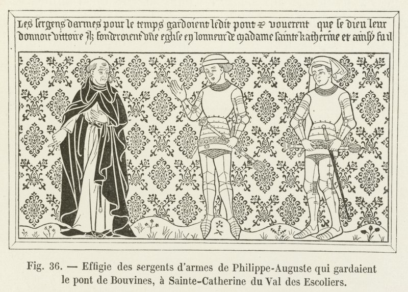 Bouvines-siltaa vartioineiden Philippe-Augusten asevarsinaisten hahmojen kuva Sainte-Catherine du Val des Escoliersissa tekijältä French School