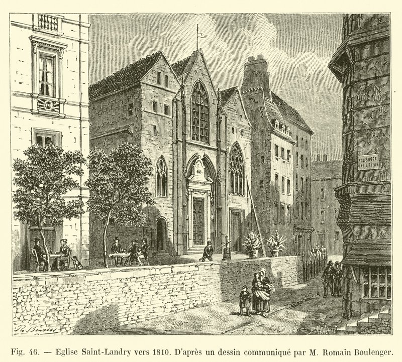 Saint-Landryn kirkko noin 1810, M Romain Boulengerin toimittaman piirustuksen mukaan tekijältä French School