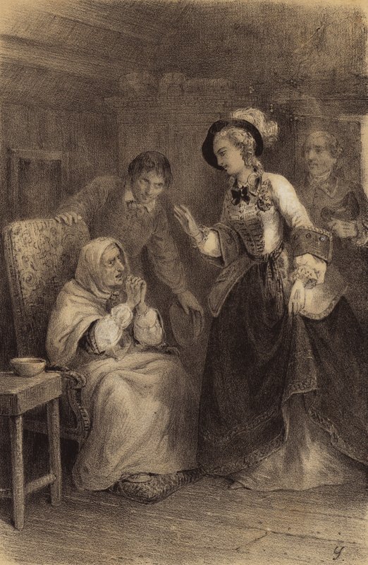 Itävallan keisarinna Maria Teresa vierailee kodissa olevan köyhän naisen luona (litho) tekijältä French School