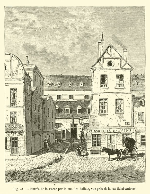 Sisäänkäynti La Forceen rue des Balletsin kautta, näkymä rue Saint-Antoinen puolelta tekijältä French School
