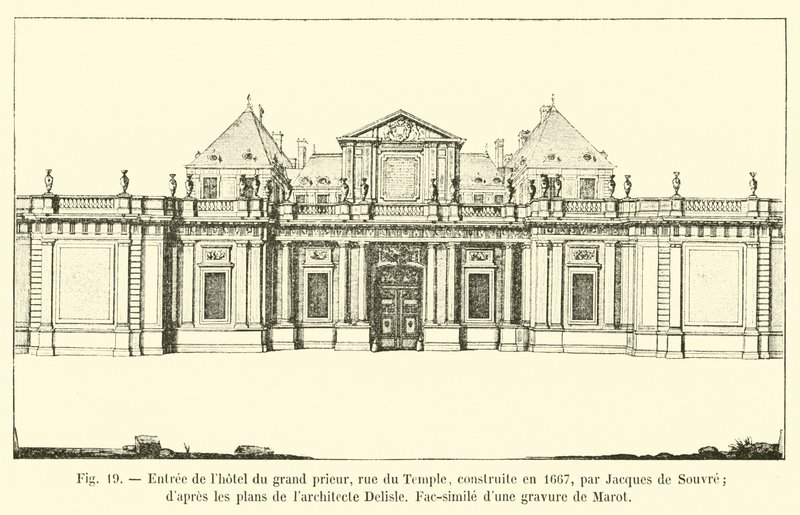 Sisäänkäynti grand priorin hotelliin rue du Temple, jonka Jacques de Souvre rakensi vuonna 1667; arkkitehti Delislen suunnitelmien mukaan Faksimile Marotin kaiverruksesta tekijältä French School