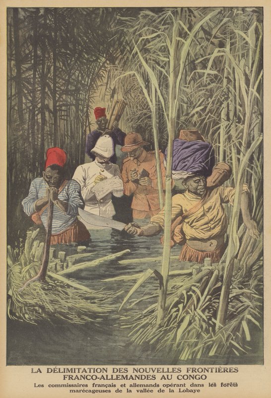 Rajan asettaminen Ranskan ja Saksan alueiden välille Kongossa (väri litho) tekijältä French School