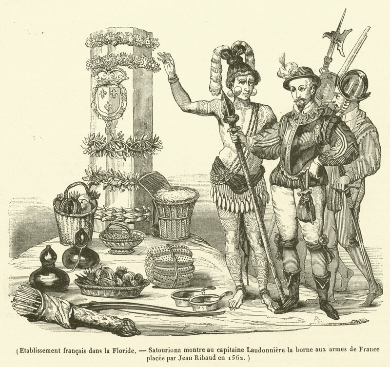 Ranskalainen laitos Floridassa, Satouriona näyttää kapteeni Laudonnierelle terminaalin Ranskan käsivarrella, jonka Jean Ribaud asetti vuonna 1562 (kaiverrus) tekijältä French School