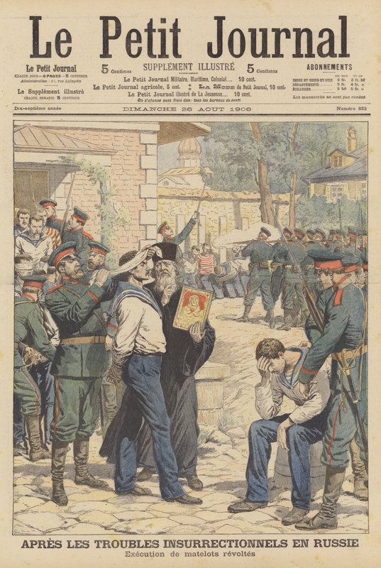 Elokuussa 1906 kapinoituneiden venäläisten merimiesten teloitus (värinen lito) tekijältä French School