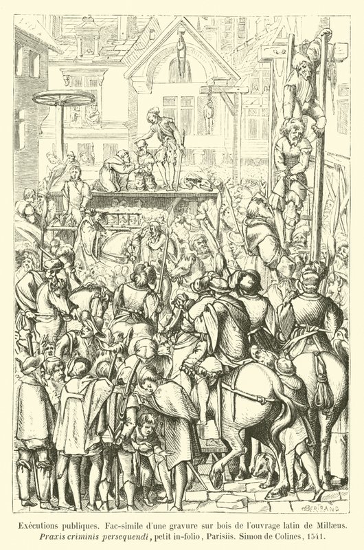 Executions publiques, Fac-simile dune gravure sur bois de louvrage latin de Millaeus, Praxis criminis persequendi, petit in-folio, Parisiis, Simon de Colines, 1541 tekijältä French School