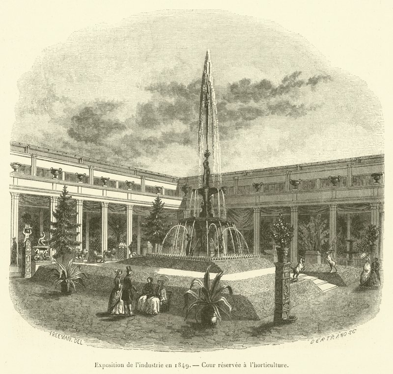 Teollisuuden näyttely 1849, puutarhanviljelylle varattu piha (kaiverrus) tekijältä French School