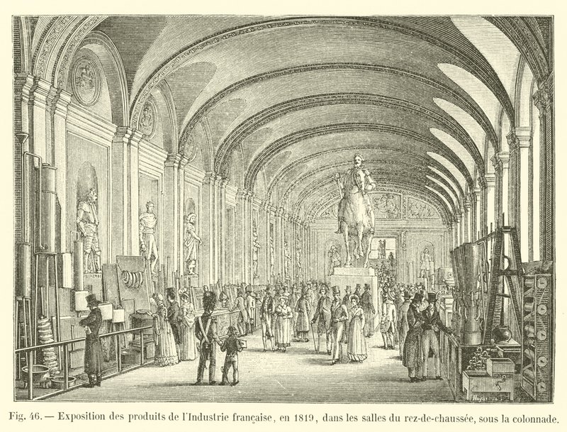 Ranskan teollisuuden tuotteiden näyttely vuodelta 1819, pohjakerroksen huoneissa, pylväikön alla tekijältä French School