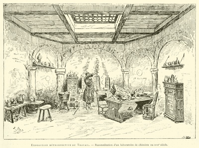 Työn retrospektiivinen näyttely, kemistin laboratorion jälleenrakennus 1600-luvulla (kaiverrus) tekijältä French School