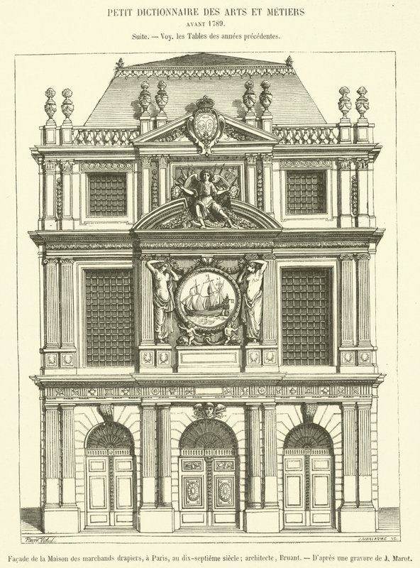 Maison des Marchands Clothiersin julkisivu Pariisissa 1600-luvulla (kaiverrus) tekijältä French School