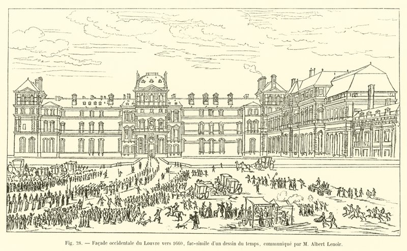 Louvren länsijulkisivu noin 1660, faksimile aikalaisesta piirroksesta, toimittanut M Albert Lenoir tekijältä French School