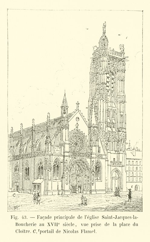 Saint-Jacques-la-Boucherien kirkon pääjulkisivu 1600-luvulla, näkymä Place du Cloitre -aukiolta, portaali Nicolas Flamel tekijältä French School