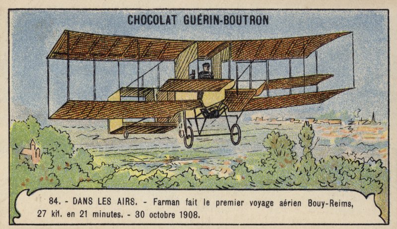 Farman teki ensimmäisen maastolentokoneen Euroopassa Bouystä Reimsiin, Ranskaan, 30. lokakuuta 1908 (chromolitho) tekijältä French School