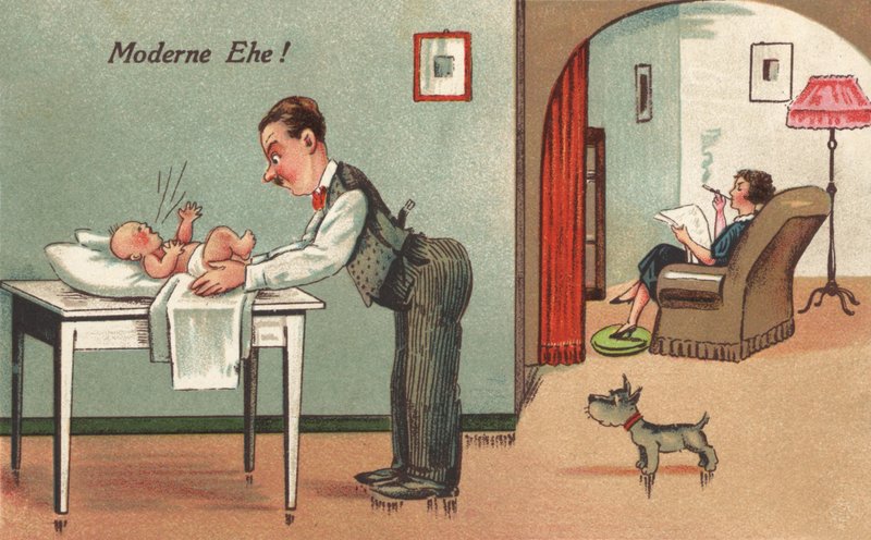 Isä vaihtamassa vauvaa (väri litho) tekijältä French School