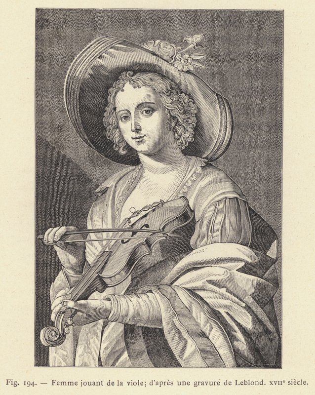 Nainen soittamassa viulua, Leblondin kaiverruksen mukaan, 1600-luku (kaiverrus) tekijältä French School