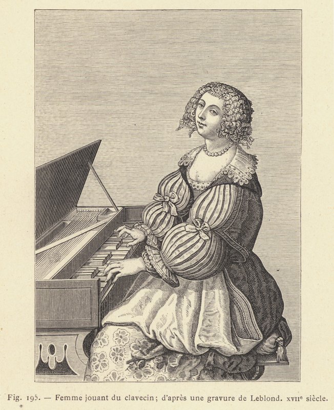 Nainen soittamassa cembaloa, Leblondin kaiverruksen mukaan, 1600-luku (kaiverrus) tekijältä French School