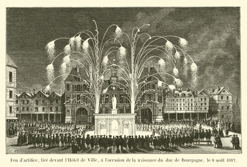Ilotulitus, ammuttu kaupungintalon edustalla Burgundin herttuan syntymän kunniaksi 8. elokuuta 1682 tekijältä French School