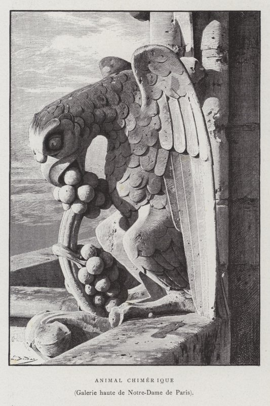 Kimeerisen eläimen hahmo Notre Dame de Parisin ylägalleriasta (litho) tekijältä French School