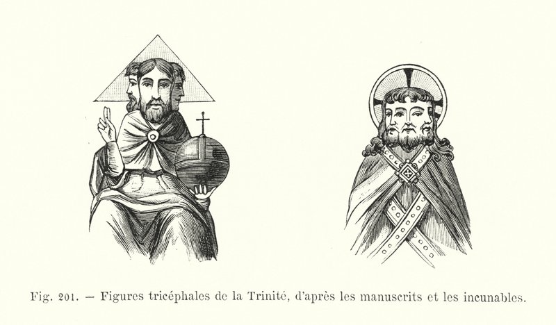 Kolminaisuuden kolmipäiset hahmot käsikirjoituksista ja inkunaabelista (kaiverrus) tekijältä French School