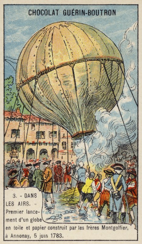 Montgolfier Brothersin ensimmäinen kuumailmapallo laukaisu, Annonay, Ranska, 5. kesäkuuta 1783 (chromolitho) tekijältä French School