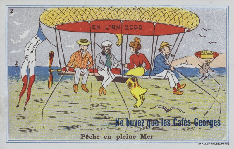 Kalastus ilmapallolla (väri litho) tekijältä French School