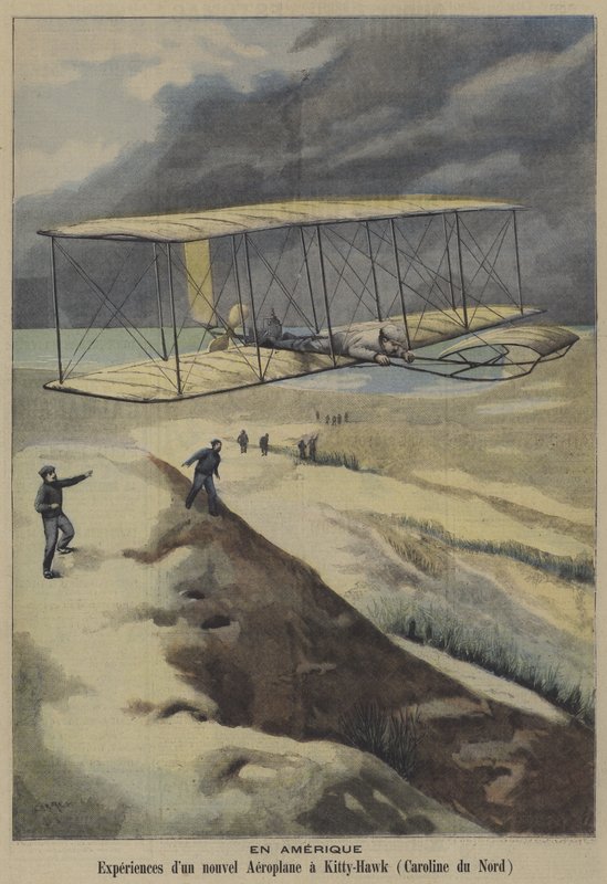 Wright Brothersin lentokoneen lento Kitty Hawkissa, Pohjois-Carolinassa (värilitho) tekijältä French School