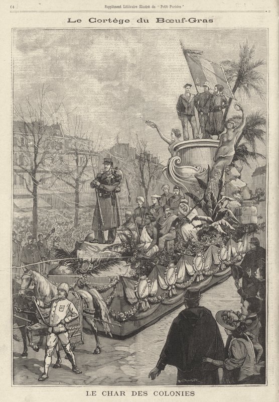 Float of the Colonies Boeuf Grasin karnevaalikulkueessa, Pariisi, Ranska (kaiverrus) tekijältä French School