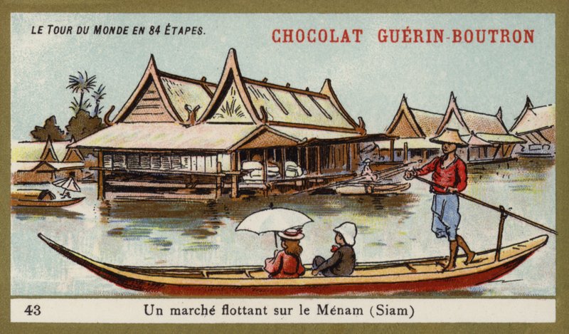 Kelluvat markkinat Menam-joella, Siam (chromolitho) tekijältä French School