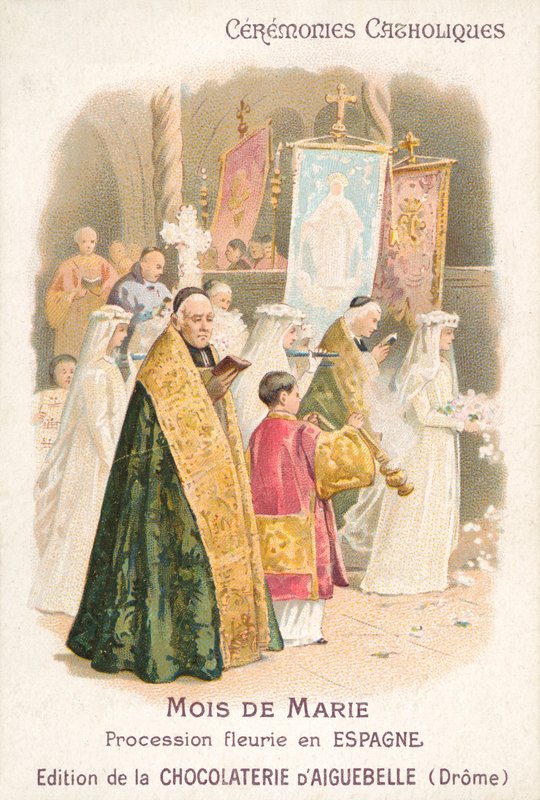Kukkakulkue Neitsyt Marian kunniaksi toukokuussa, Espanja (chromolitho) tekijältä French School