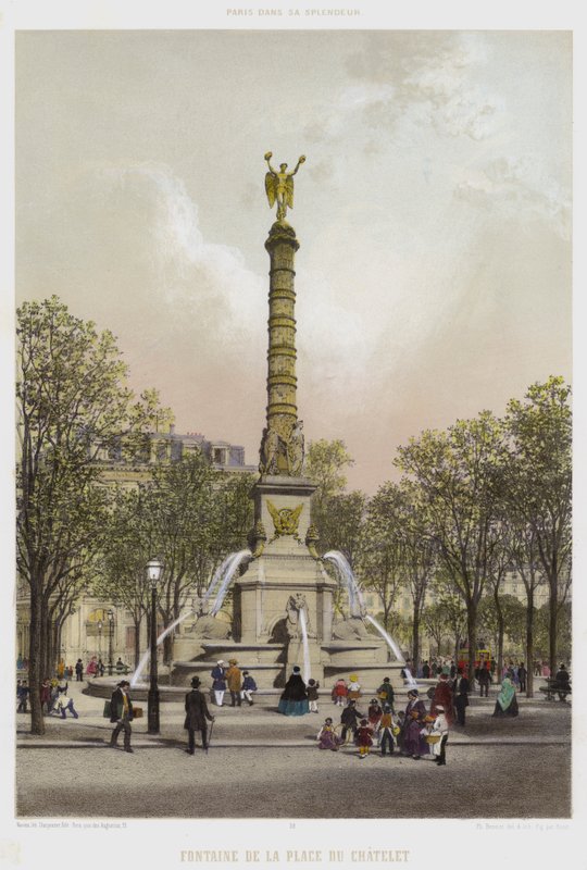 Place Du Chatelet -suihkulähde (väri litho) tekijältä French School