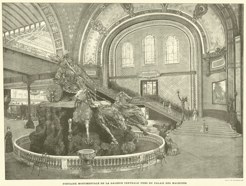 Keskusgallerian monumentaalinen suihkulähde, lähellä Koneiden palatsia (kaiverrus) tekijältä French School