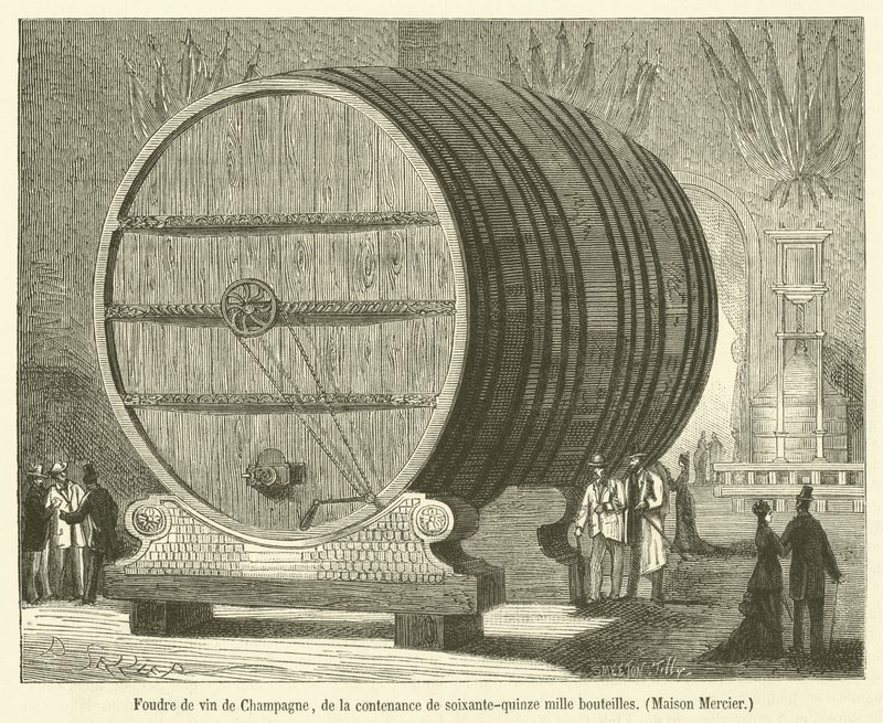 Foudre of Champagne viiniä, jonka tilavuus on seitsemänkymmentäviisi tuhatta pulloa, Maison Mercier (kaiverrus) tekijältä French School