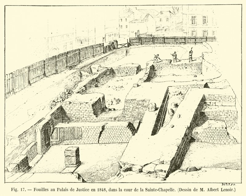 Kaivaukset Palais de Justicessa vuonna 1848, Sainte-Chapellen pihalla, M Albert Lenoirin piirustus tekijältä French School
