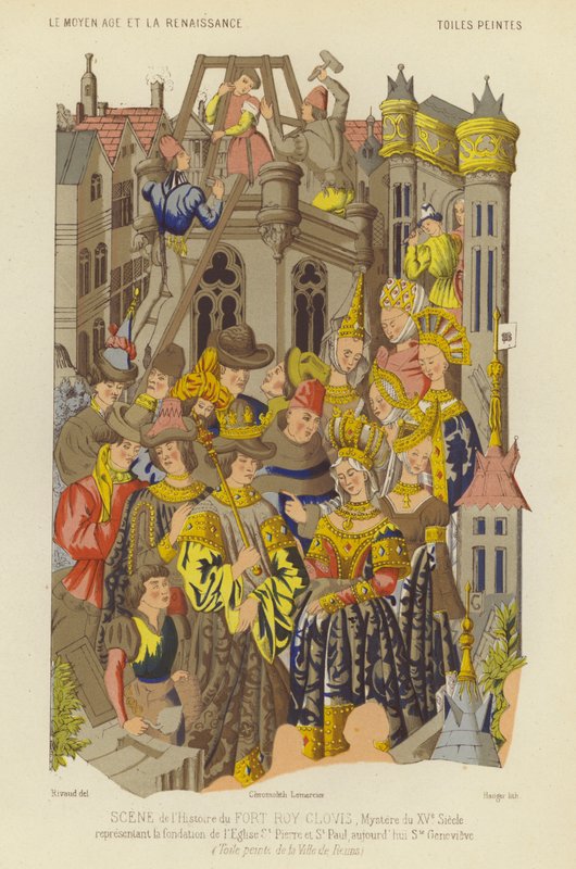 Pyhän Genevieven luostarin perustaminen, Pariisi, frankkien kuninkaan Clovisin hallituskaudella (chromolitho) tekijältä French School