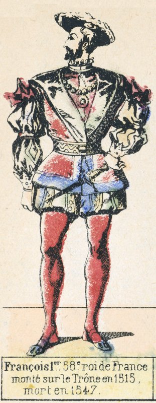 Francois 1er, 58. Ranskan kuningas, nousi valtaistuimelle vuonna 1515, kuoli vuonna 1547 (värinen kaiverrus) tekijältä French School