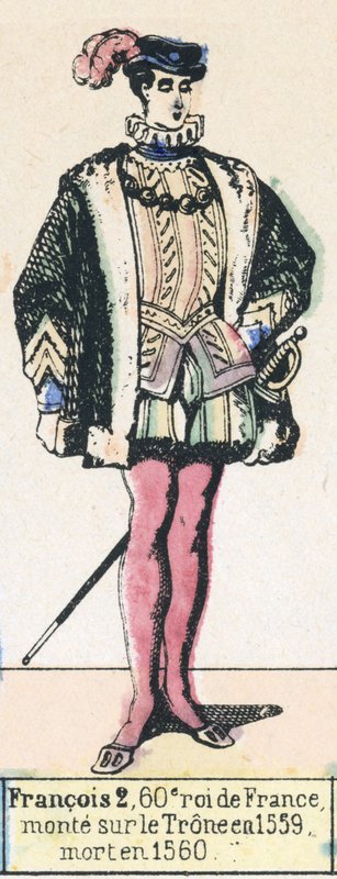 Francois 2, 60. Ranskan kuningas, nousi valtaistuimelle vuonna 1559, kuoli vuonna 1560 (värillinen kaiverrus) tekijältä French School