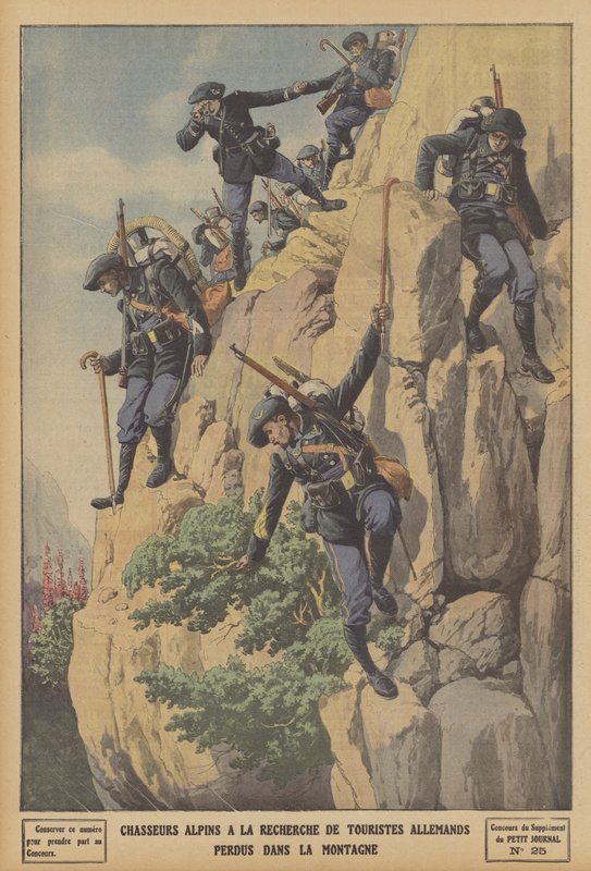 Ranskalaiset Chasseurs Alpins etsivät Alpeilla eksyneitä saksalaisia turisteja (väri litho) tekijältä French School