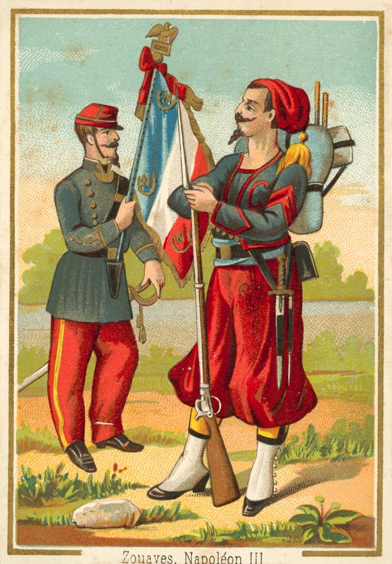 Napoleon III:n ajan ranskalaiset zouavit (chromolitho) tekijältä French School