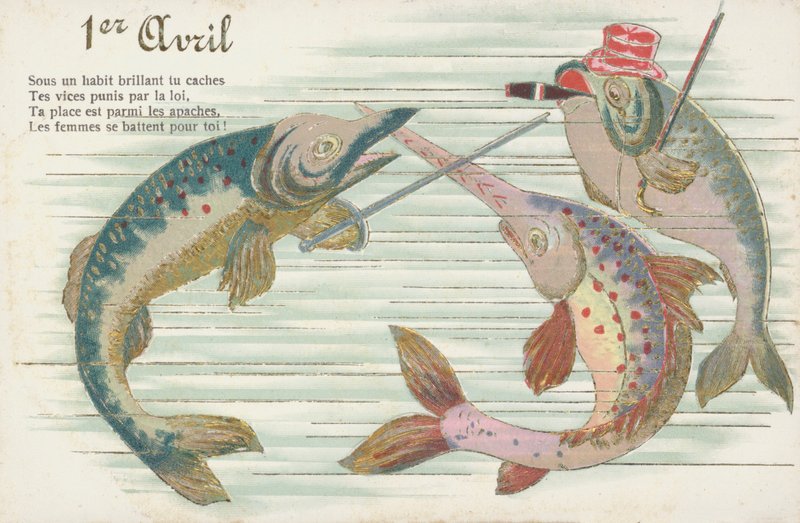 Ranskalainen kortti, jossa kuvataan kaloja aprillipäivän kunniaksi (Poisson d