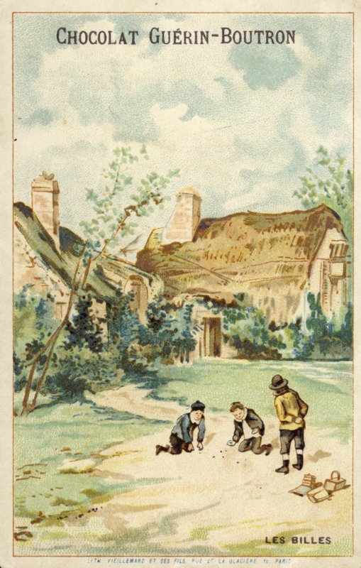Ranskalaiset lapset leikkimässä marmoria mökin ulkopuolella (chromolitho) tekijältä French School