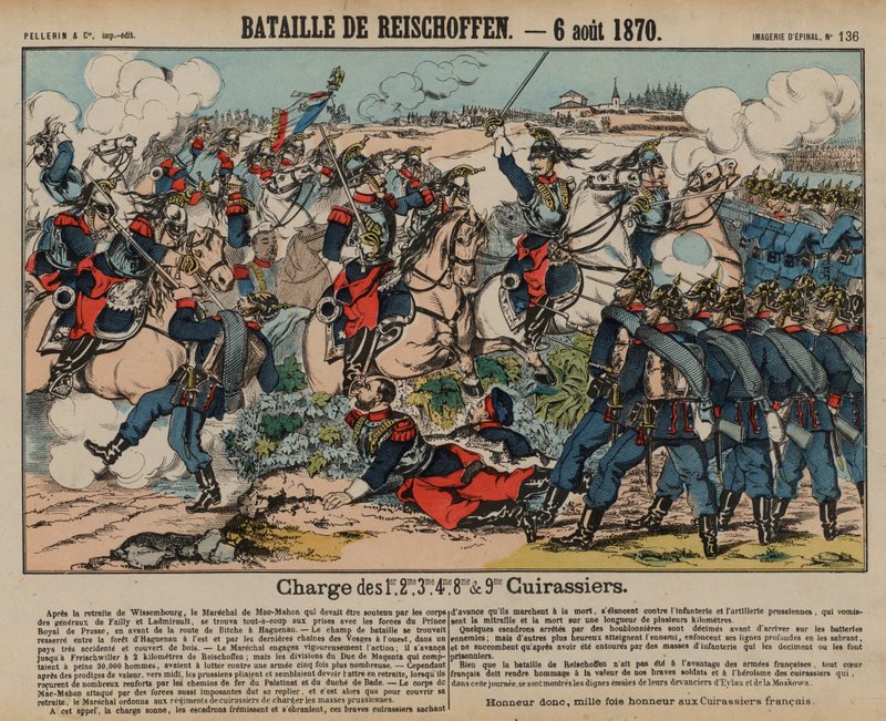 Ranskalaiset kirassirit hyökkäämässä Preussin jalkaväkeä Reichshoffenin taistelussa, Ranskan ja Preussin sodassa, 6. elokuuta 1870 (värillinen kaiverrus) tekijältä French School