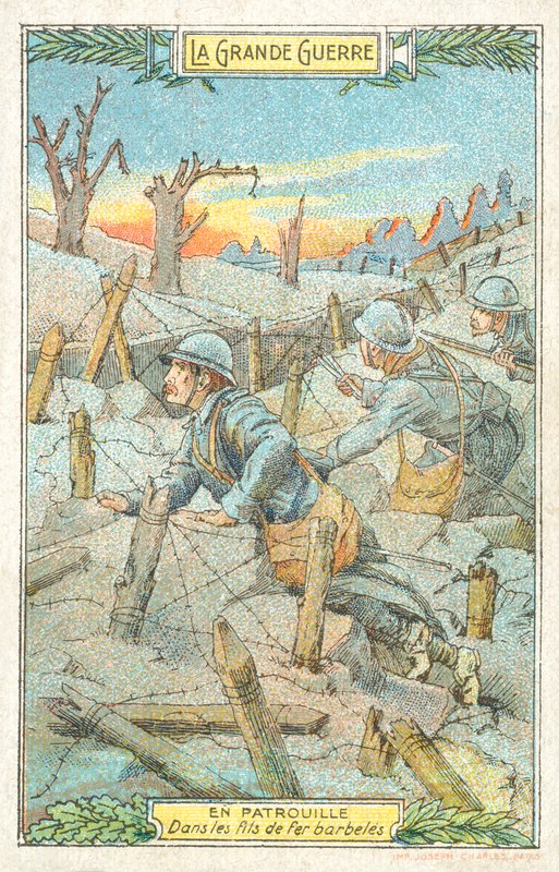 Ranskalainen partio piikkilankojen keskellä, ensimmäinen maailmansota (chromolitho) tekijältä French School